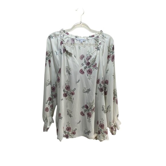 Ophelia Roe Floral Chiffon Top Women 3X Ivory Long Sleeve Flowy Boho Fairy - Picture 1 of 9